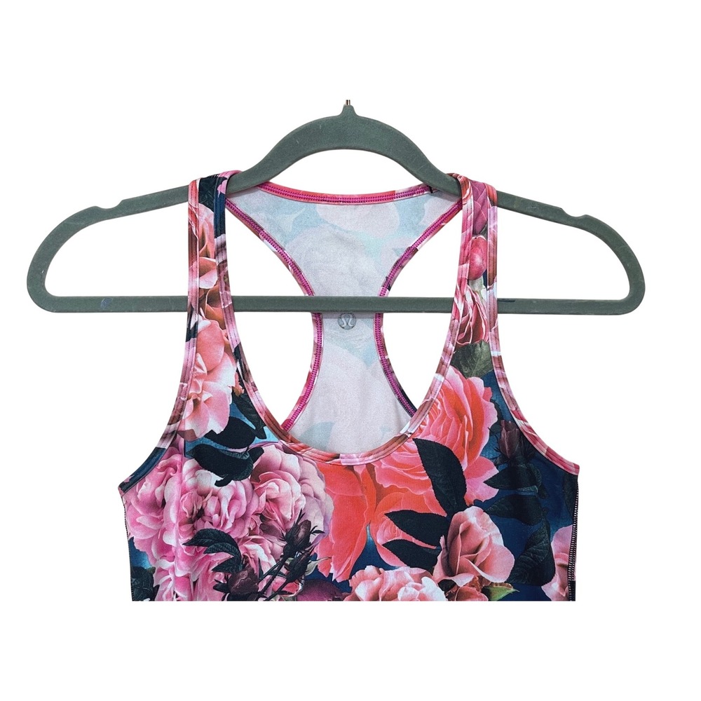 lululemon Cool Racerback Tank Top Floral Rose Print Pink Blue Size 8 Rare Print - Picture 6 of 8